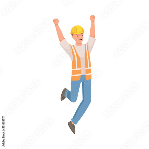 Man Builder Character in Hard Hat and Warnvest Jumping with Joy Vector Illustration