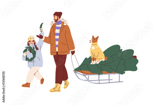 Happy family pulling Christmas fir tree on sleigh. Father and daughter going with firtree on sledge, preparing for winter Xmas holiday. Flat graphic vector illustration isolated on white background