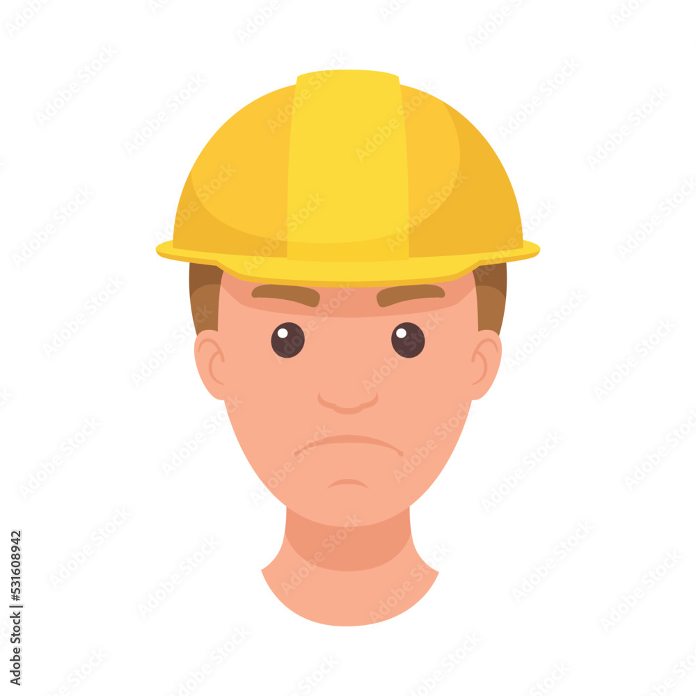 Man Builder Character Head in Yellow Hard Hat and Sad Face Expression Vector Illustration Man Builder Character Head in Yellow Hard Hat and Sad Face Expression Vector Illustration