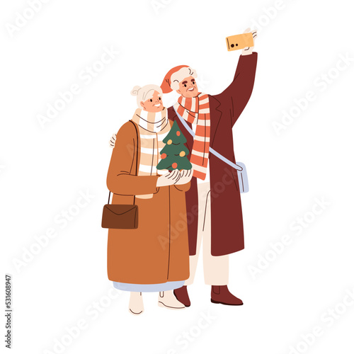 Old couple on Christmas holiday, taking selfie photo with mobile phone outdoors. Happy senior man, woman on Xmas vacation, winter season. Flat graphic vector illustration isolated on white background