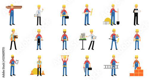 Man Professional Builder Character in Hard Hat and Overalls Working on Construction Site Vector Set