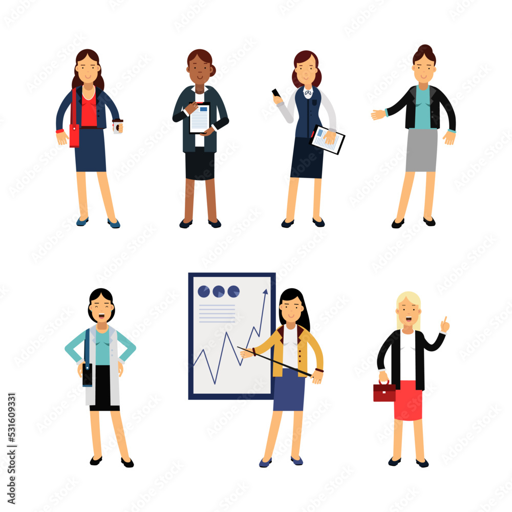 Business Woman Character in Suit Engaged in Daily Office Routine Big Vector Set