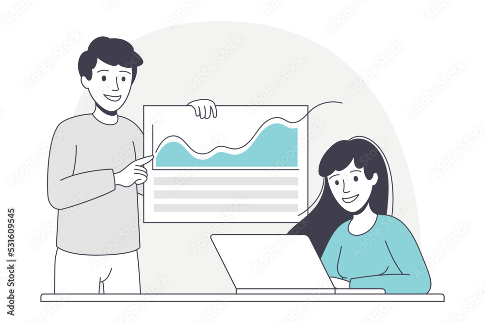 Man and Woman Business Character at Desk with Laptop and Chart Working with Data Vector Illustration Man and Woman Business Character at Desk with Laptop and Chart Working with Data Vector Illustration