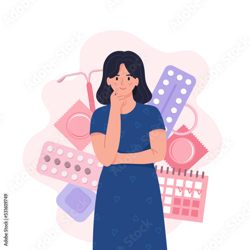 Different types of female contraception. Concept of woman that are thinking about appropriate contraception for her. Protection against sexually transmitted diseases. World contraception day. photo