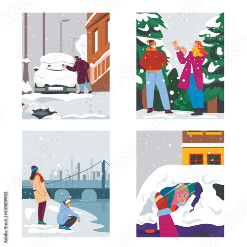 City in winter, people playing outside in snow