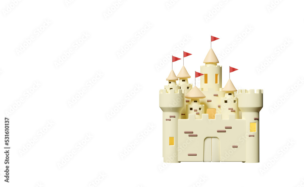 3d sand castle with towers, fort, gates and flags isolated. summer vacation concept, 3d render illustration