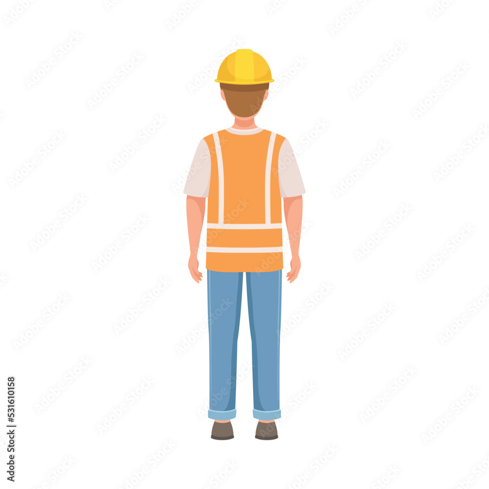 Man Builder Character in Hard Hat and Warnvest in Standing Pose Back View Vector Illustration Man Builder Character in Hard Hat and Warnvest in Standing Pose Back View Vector Illustration