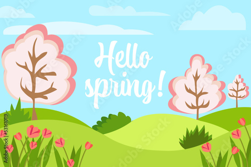 Hello spring concept. Vector illustration of a spring landscape with flowers and blossom trees. Template for post or web banner with text