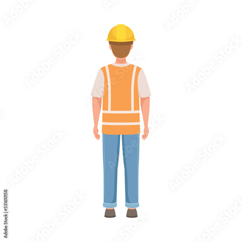 Man Builder Character in Hard Hat and Warnvest in Standing Pose Back View Vector Illustration