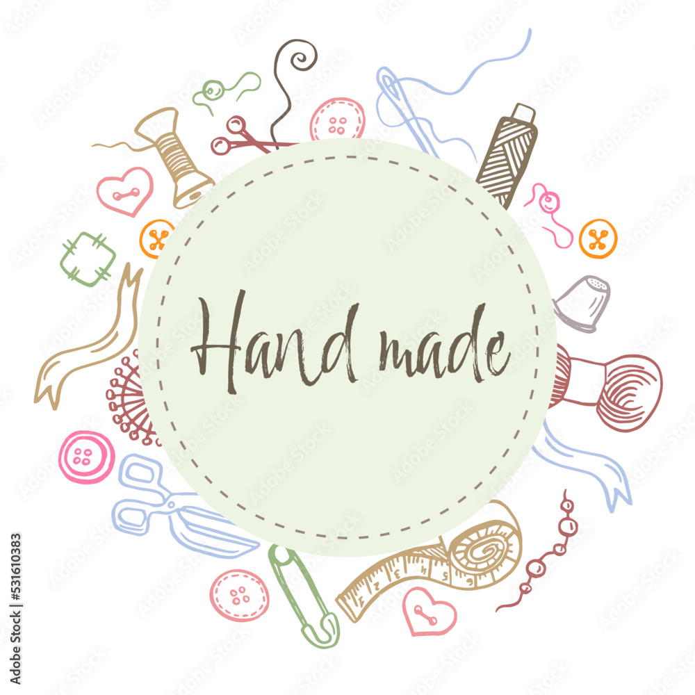 Banner design template hand made. The color patch with the decor of the sewing attributes. Frame of buttons, scissors, threads and pins for handmade poster. Vector.