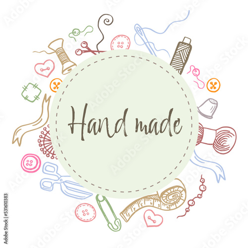 Banner design template hand made. The color patch with the decor of the sewing attributes. Frame of buttons, scissors, threads and pins for handmade poster. Vector.