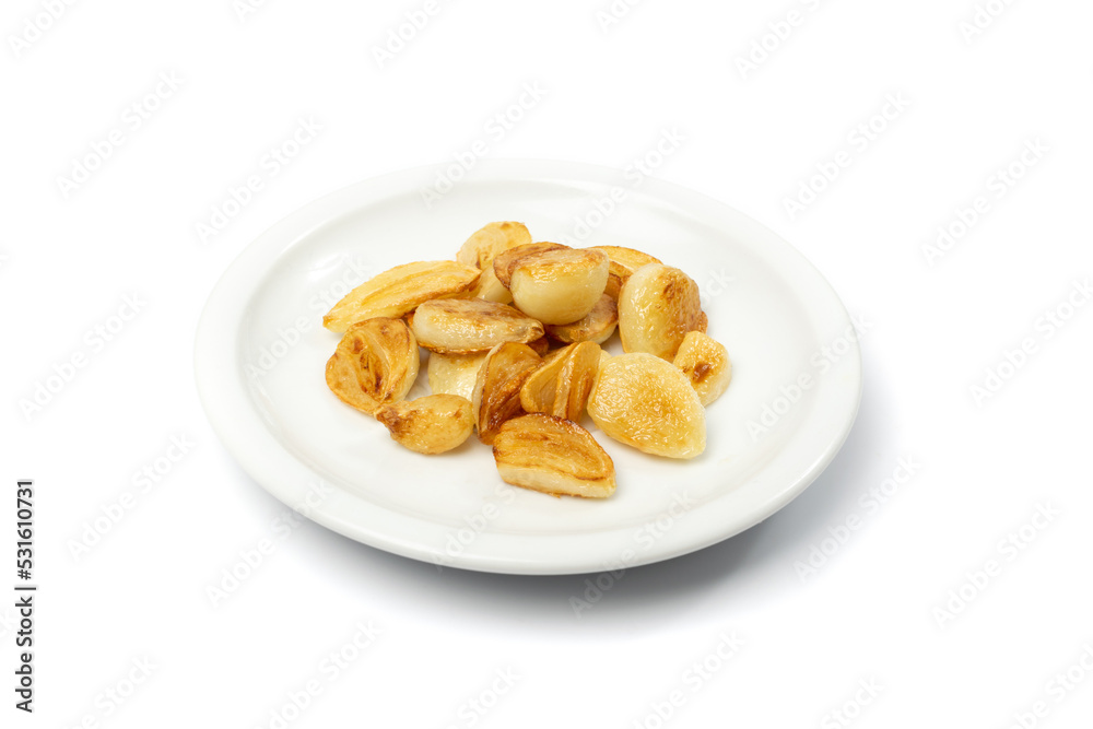 Fried Garlic Cloves Pile Isolated on White Background Fried Garlic Cloves Pile Isolated on White Background