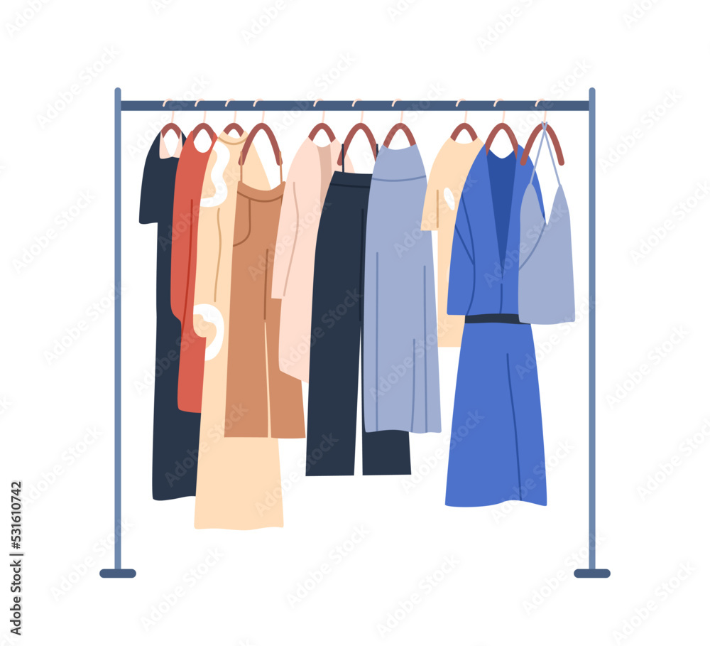 Clothes rolling rack with row of garments hanging on hangers. Wardrobe display and storage rail. Metal stand for summer wearing storing. Flat vector illustration isolated on white background Clothes rolling rack with row of garments hanging on hangers. Wardrobe display and storage rail. Metal stand for summer wearing storing. Flat vector illustration isolated on white background