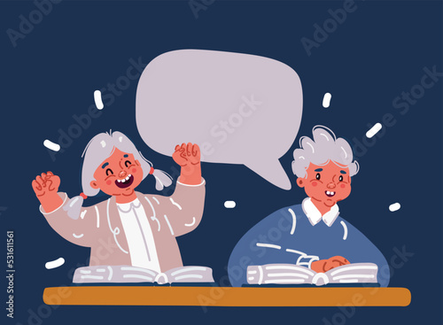 Cartoon vector illustration of little schoolgirl and boy with book in classroom