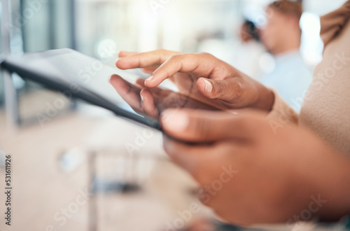 Tablet, woman hands and communication using technology for networking, social media and digital marketing. Female employee using 5g network internet connection while planning online in an office