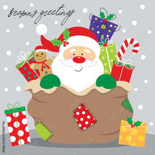 christmas card with santa clause and gifts on the sack