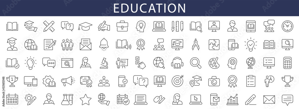 Education and Learning thin line icons set. Education, School, Learning editable stroke icons. Vector illustration - obrazy, fototapety, plakaty 