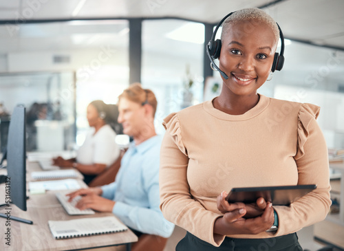 Call center, CRM and customer service woman with tablet and headset in telemarketing and customer support in office. Happy, smile and motivation with contact us, help and business employee consultant