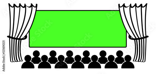 Chromakey, green screen Empty board or billboard. Cartoon represented by presentation. Empty cinema movie theater stage with a curtain, for theatre, festival or cinema banner. Chroma key 