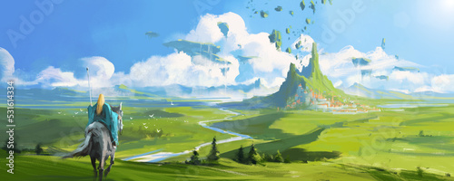 Fantasy scene with wizard on horseback, 3D illustration.