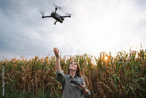 Woman with remote control operating drone in maize field photo