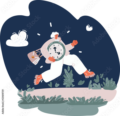 Cartoon vector illustration of woman running with the big clock in her hands. Concept lack of time. Very busy run.