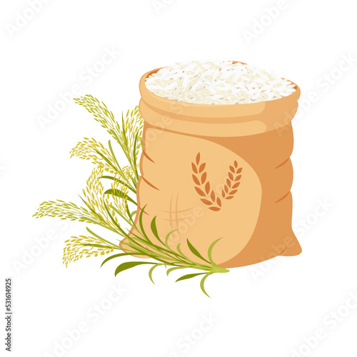 Canvas bag filled with rice groats. Grain harvest with green branches and ears.