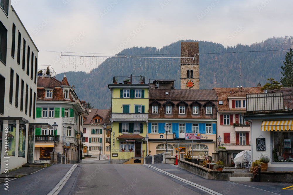 Unterseen , historic and small old town and beautiful square near Interlaken and River Aare during autumn , winter morning : Interlaken , Switzerland : December 3 , 2019