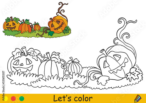 Halloween kids coloring with template scary pumpkins