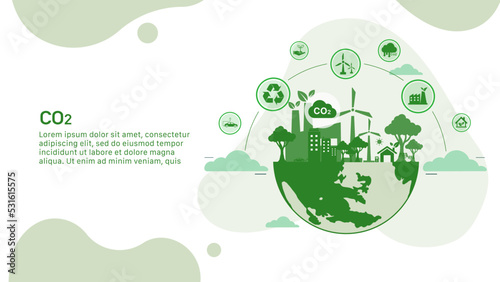 Co2 icon concept for reducing co2 emissions to stop climate change. on the green world energy background. Emvironmemtal protection vector 
illustrator set.