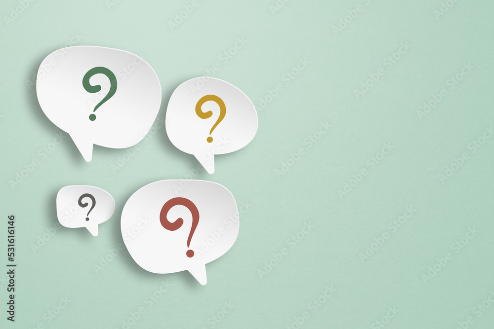 multicolor question marks on speech bubbles paper cut with grunge green background for FAQ, support center concept multicolor question marks on speech bubbles paper cut with grunge green background for FAQ, support center concept