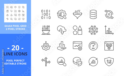 Line icons about data analytics. Technology concept. Pixel perfect 64x64 and editable stroke