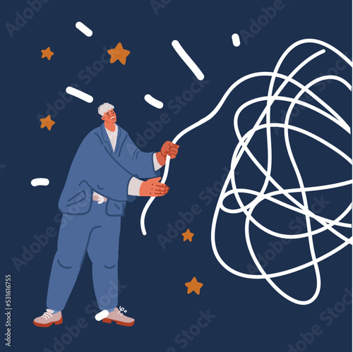 Cartoon vector illustration of Fixing a problem concept by untangling a knot with a closeup view of hands of a man unravelling a badly knotted piece of string