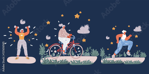 Cartoon vector illustration of Sporty woman runner woman runner sporty women in sportswear with dumbbells and running and ride bike. Sport and recreation concept