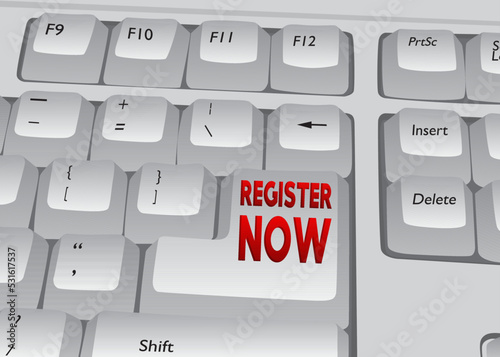 Computer Keyboard with Register Now text. Close-up of an electronic Computer Device part, keypad.