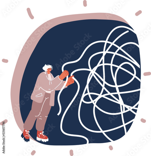 Cartoon vector illustration of Businesswoman character tries to pull the tangled rope. Business concept. Tangle tangled and unraveled.