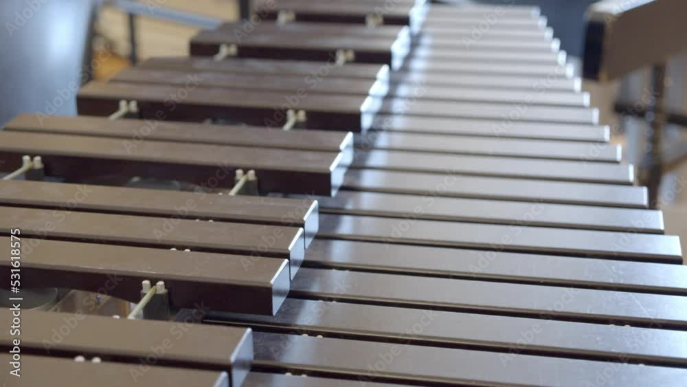 Glockenspiel Aluminum Steel Bars, Percussion Instrument. - close up, tilt down Glockenspiel Aluminum Steel Bars, Percussion Instrument. - close up, tilt down