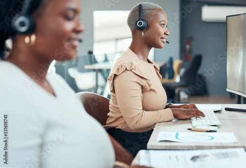 Customer service, call center and telemarketing consultant happy to help with friendly quality support. Black woman working as an insurance agent talking to a client for a communications company