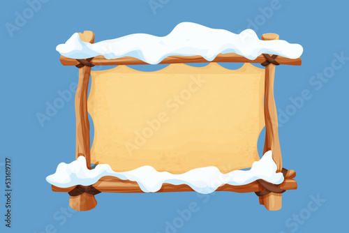 Old wooden blank, signboard with parchment and snow in cartoon style.Empty frame, direction plank isolated on white background. Season decoration