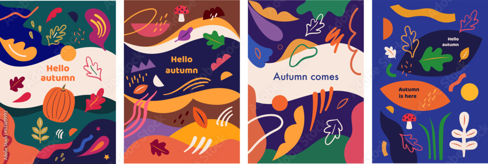 Autumn abstract vector flyers. Posters A3 format with autumn illustrations. Notebook covers. Set of eight trendy vector templates