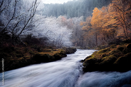 Beautiful forest ice stream and river. Fantastic Epic Magical Landscape. Autumn and winter nature. Celtic Medieval Forest. Rocks and grass.