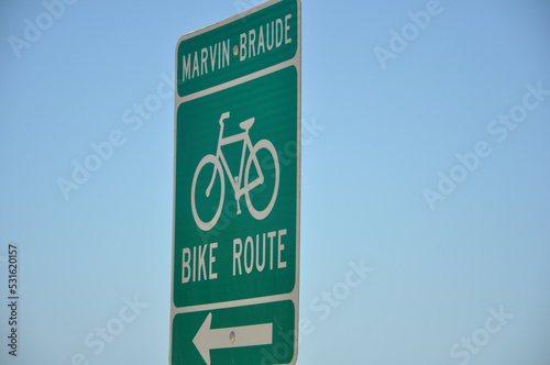 Bicycle Route Guide, white letters on red background, Marvin Braude Bike Path, California photo