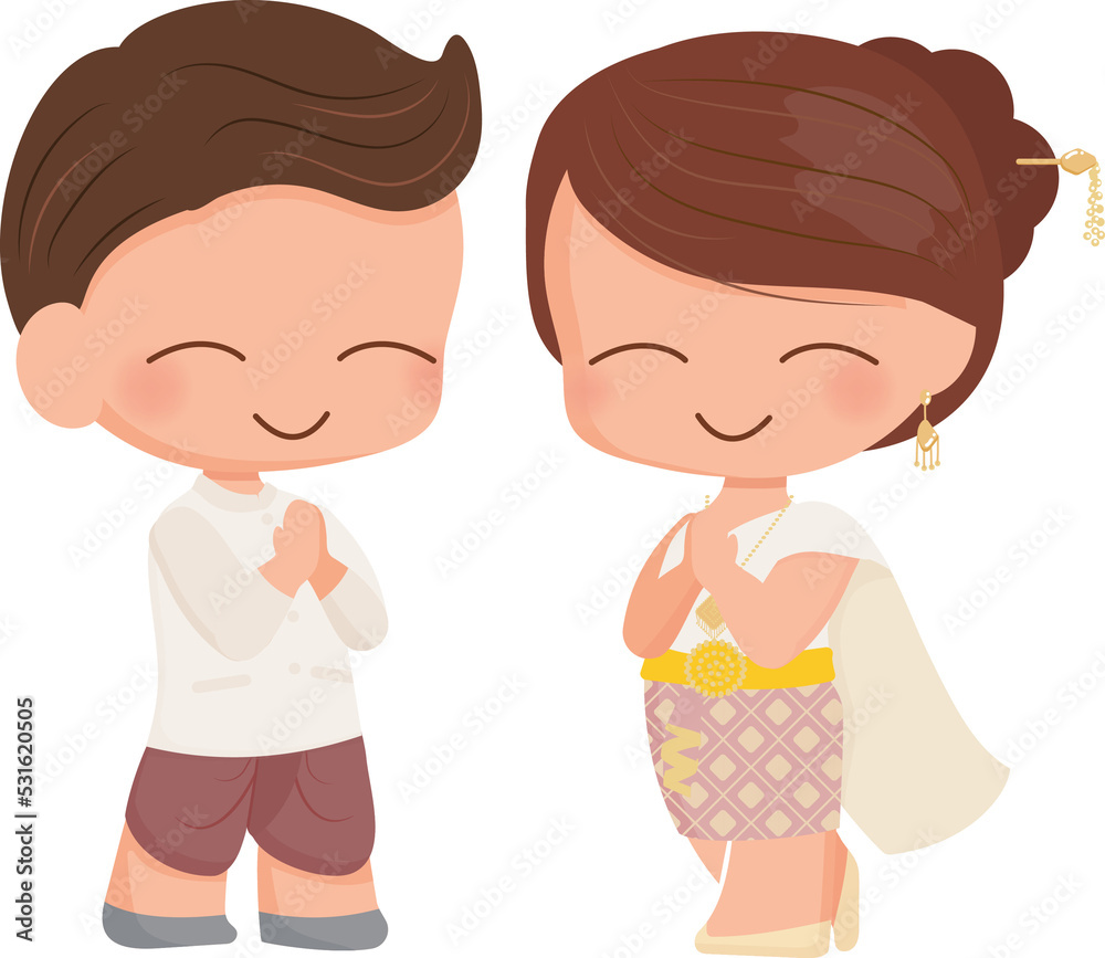 cute flat style Thai couple in traditional dress greeting for welcome, wedding or songkran festival cute flat style Thai couple in traditional dress greeting for welcome, wedding or songkran festival