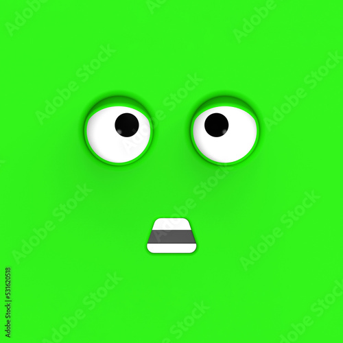 Green face of cute character. Cute face. stupid face. emotion surprise. Square image. Surprised face. 3D image. 3D rendering.