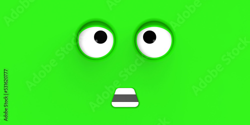 Green face of cute character. Cute face. stupid face. emotion surprise. Horizontal image. Surprised face. Banner for insertion into site. Place for text cope space. 3D image. 3D rendering.