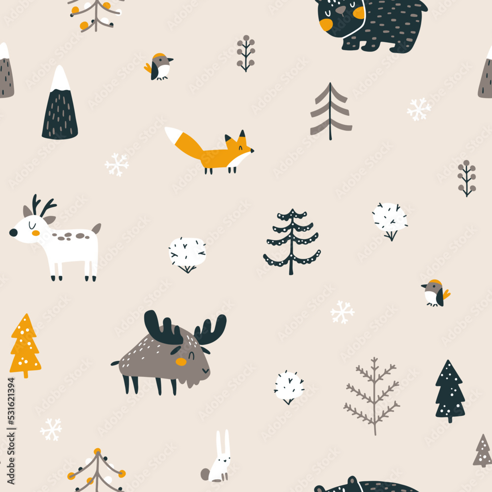 Obraz premium Winter Christmas seamless pattern with cute forest animals and Christmas trees. Vector naive hand drawn illustration in simple scandinavian style. The limited earthy palette is perfect for textile.