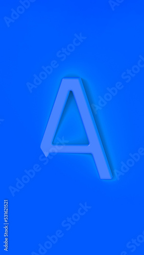 Letter A Is blue on blue background. Part of letter is immersed in background. Vertical image. 3D image. 3D rendering.
