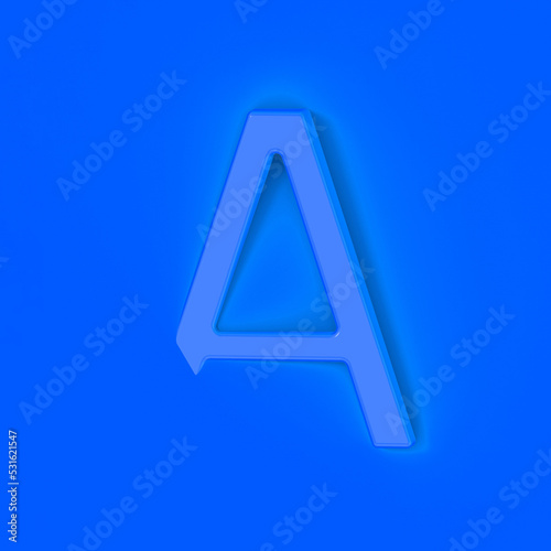 Letter A Is blue on blue background. Part of letter is immersed in background. Square image. 3D image. 3D rendering.