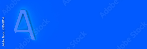Letter A Is blue on blue background. Part of letter is immersed in background. Horizontal image. Banner for insertion into site. Place for text cope space. 3D image. 3D rendering.