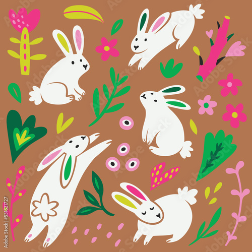 Collection of white rabbits, flowers and leaves in flat cartoon style © penguin_house